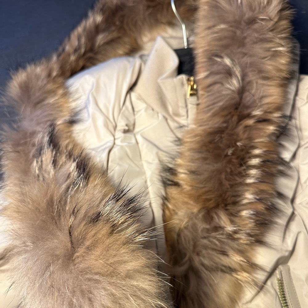 Tan and Brown Puffer Jacket with Luxurious Fur Trim